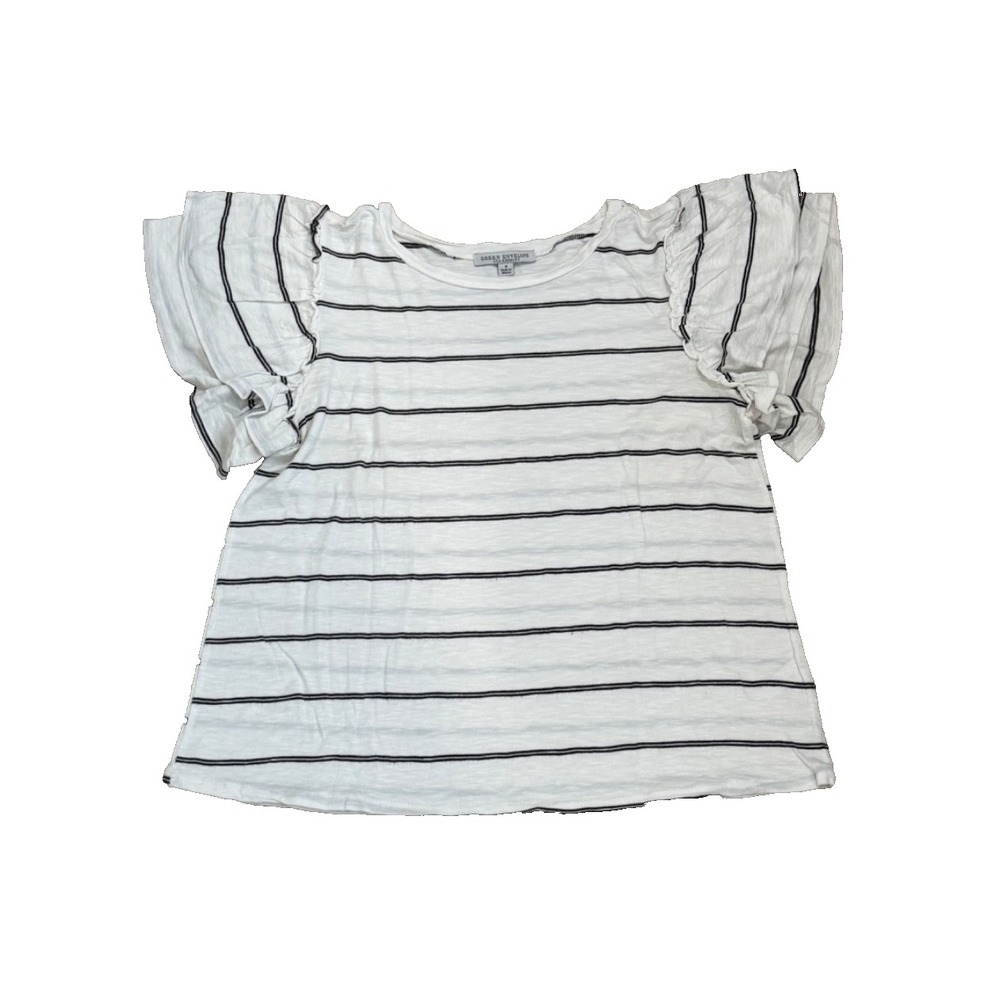 Green Envelope Women's Striped Ruffle Sleeve T-Shirt; White/Black; Size Small